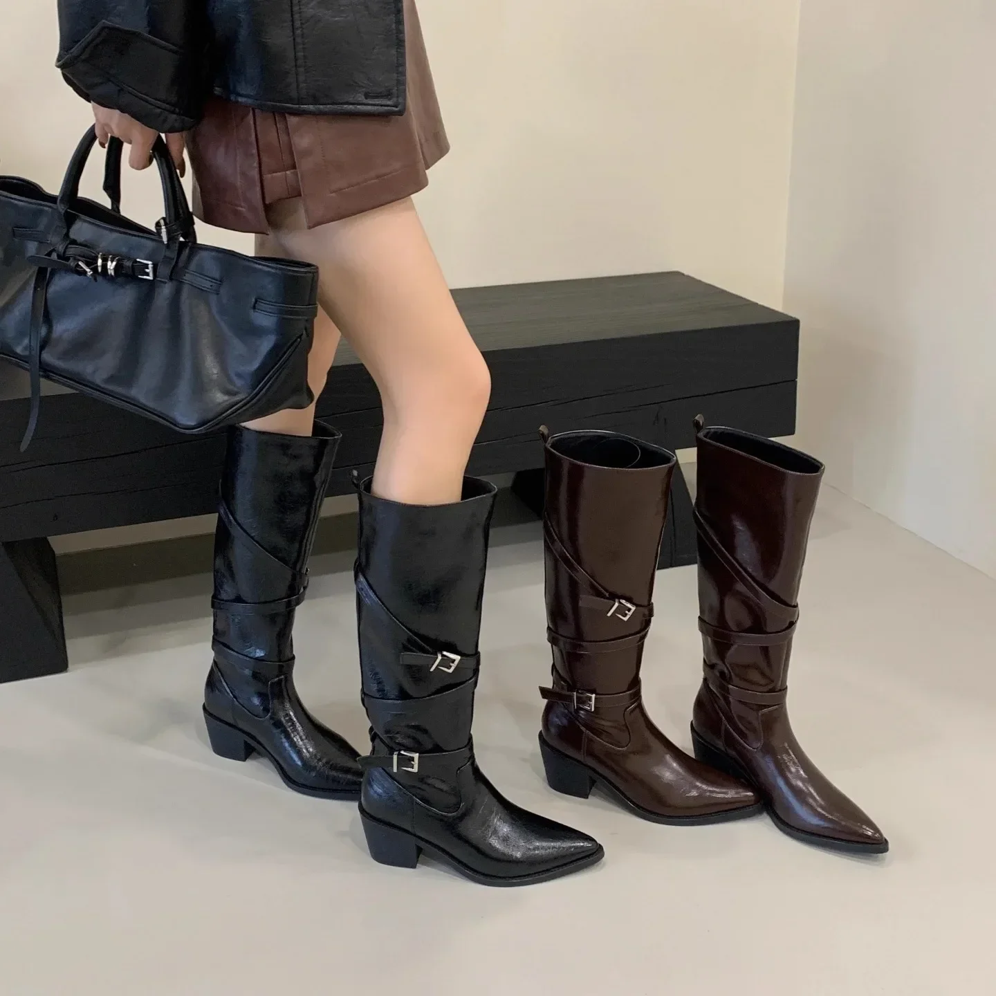 

Metal Belt Buckle Knight Boots 2025 Autumn New Pointed Toe Non-Slip Wear-Resistant Block Heel High Stack Boots