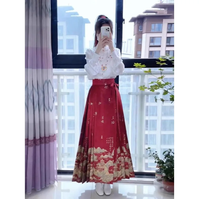 New 2024 Women's Hanfu Suit Top Matching Horse Face Dress Wine Tasting Outfit Chinese Style Red Hanfu Jingwu Robe