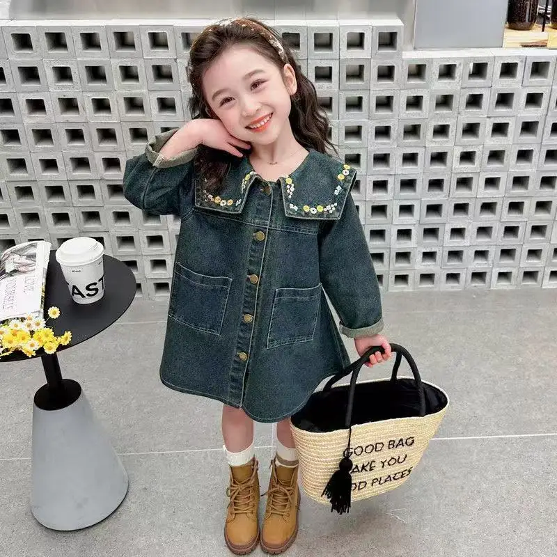 

Girls' Denim Dress 2026 Spring and Autumn New Korean Retro Blue Long Sleeved A-line Dress Girls' Embroidered Dress