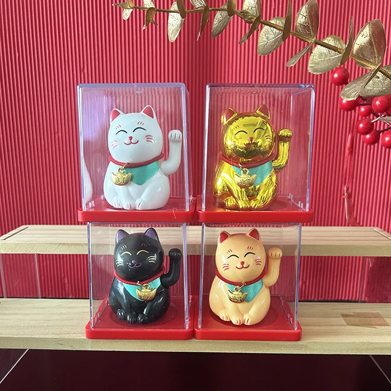 2 Inch Solar Energy Lucky Cat Waving Hand Beckoning Lucky Cat Chinese Ornaments for Home Office Desktop Decorations Figurines