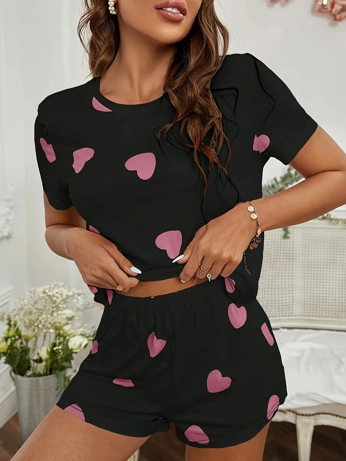 Pink Heart Print Pajama Set Women Short Sleeve Soft Casual Home Nightwear Loungewear UPS/FEDEX Air, 3-5Day Delivery