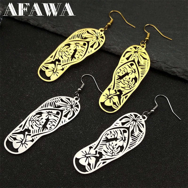 Flip Flops Shape Seaside Vacation Drop Earrings for Women Stainless Steel Gold Color Bohemia Flower Tree Dangle Earring Jewelry