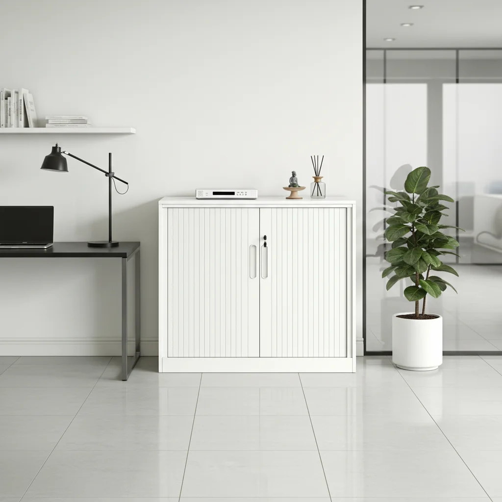 

White Steel Low Profile Tambour Door Cabinet Lockable Rolling Shutter Storage Cabinet with Smooth Sliding Door for Home Office