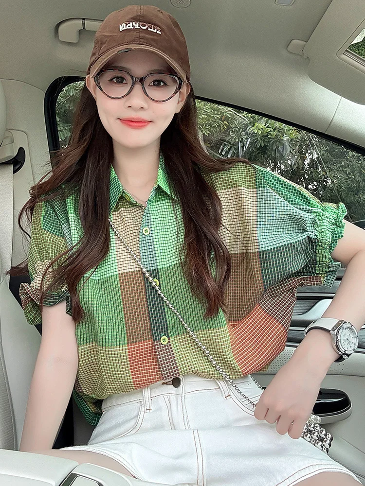

Summer 2026 High-End Hong Kong Style Green Plaid Short Sleeve Women's Shirt Fashionable Youthful Inner Wear Base Top