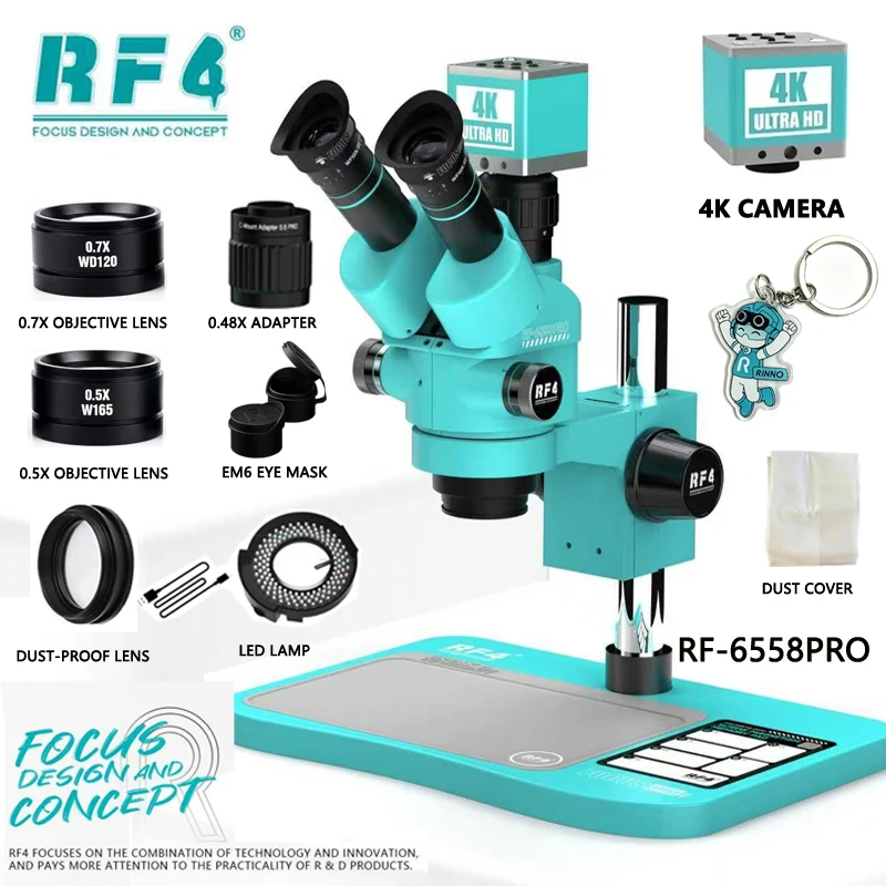 RF4 6558 Trinocular Microscope 6.5X-58X Zoom HDMI 4K Camera For Mobile Phones Motherboard Repair Take Photos and Record Videos