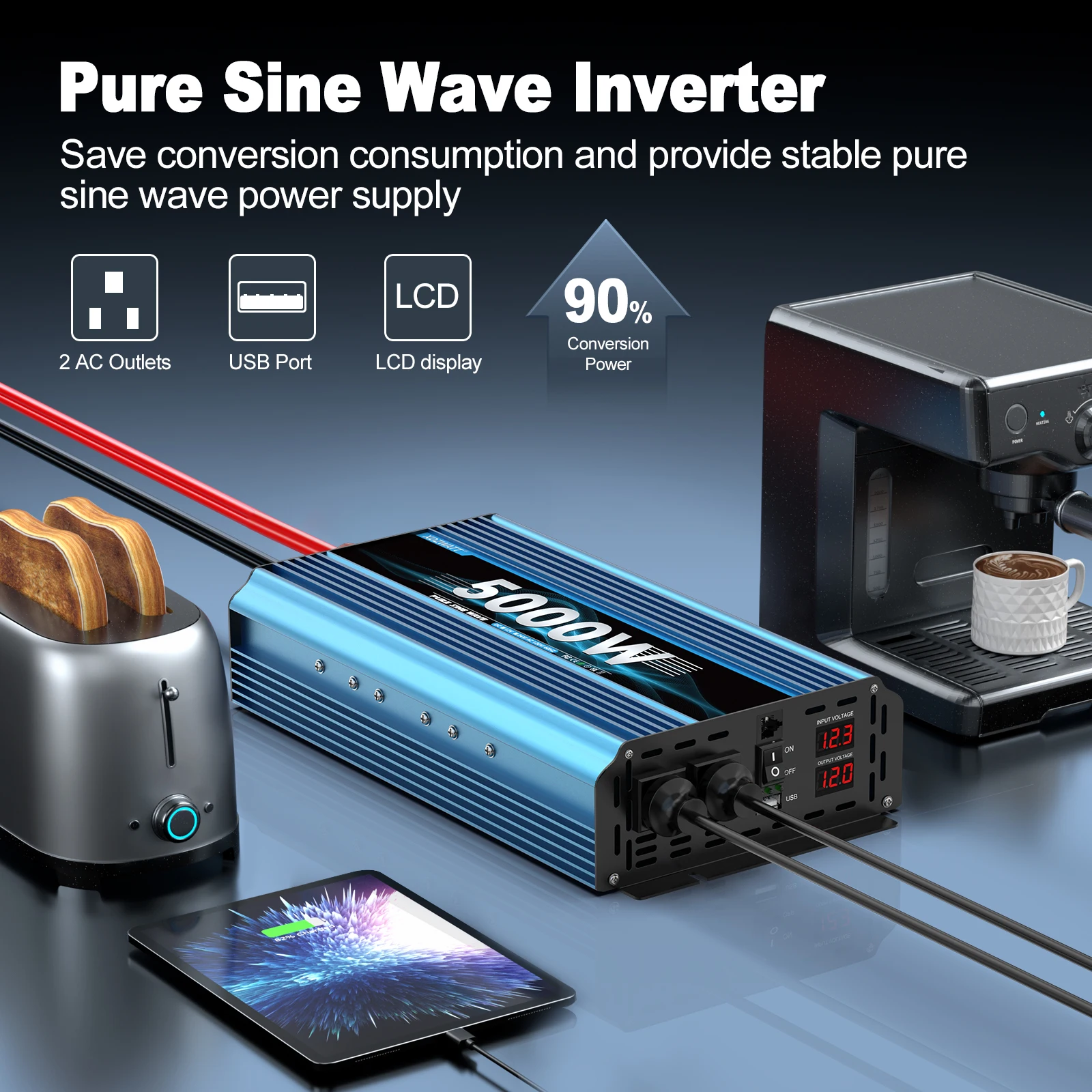 2000 واط 5000 واط الذروة موجة جيبية نقية عاكس الطاقة مع جهاز التحكم عن بعد LED عرض منفذ USB للتخييم في الهواء الطلق RV بدون بطارية #1