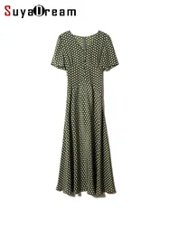 SuyaDream Woman Printed Maxi Dress 100%Silk Crepe De Chine Short Sleeves Green Dots Dresses 2022 Spring Summer Clothes