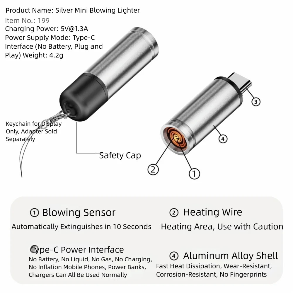 Негазовая портативная зажигалка типа C, мини-размер USB-C, без батареи, без выдувания пламени, воздушная зажигалка, безопасное использование