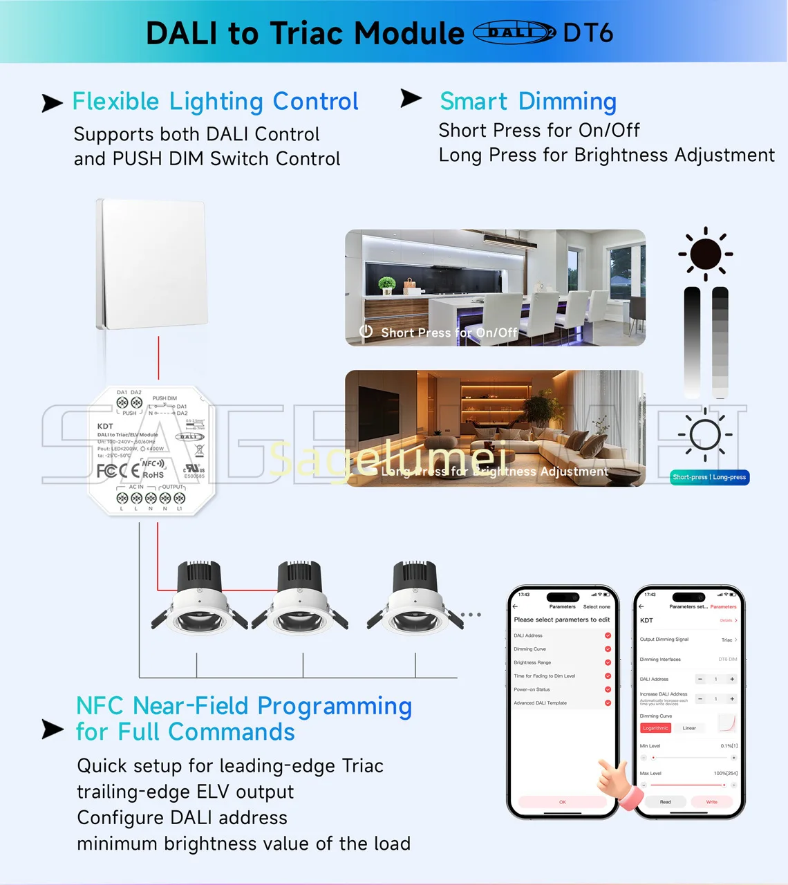 Модуль DALI для триакара/ELV KDT AC100-240V DALI-2 DT6 Используйте приложения NFC Light Smart PUSH Dim Модуль для ламп накаливания/огни
