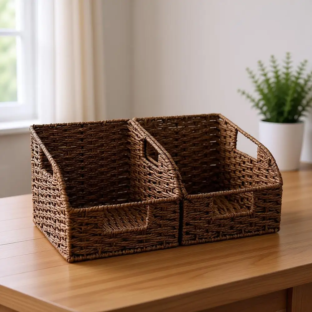 

Набор из 2 коричневых круглых корзин для хранения из бумажной веревки для организации кухонной столешницы и кладовой