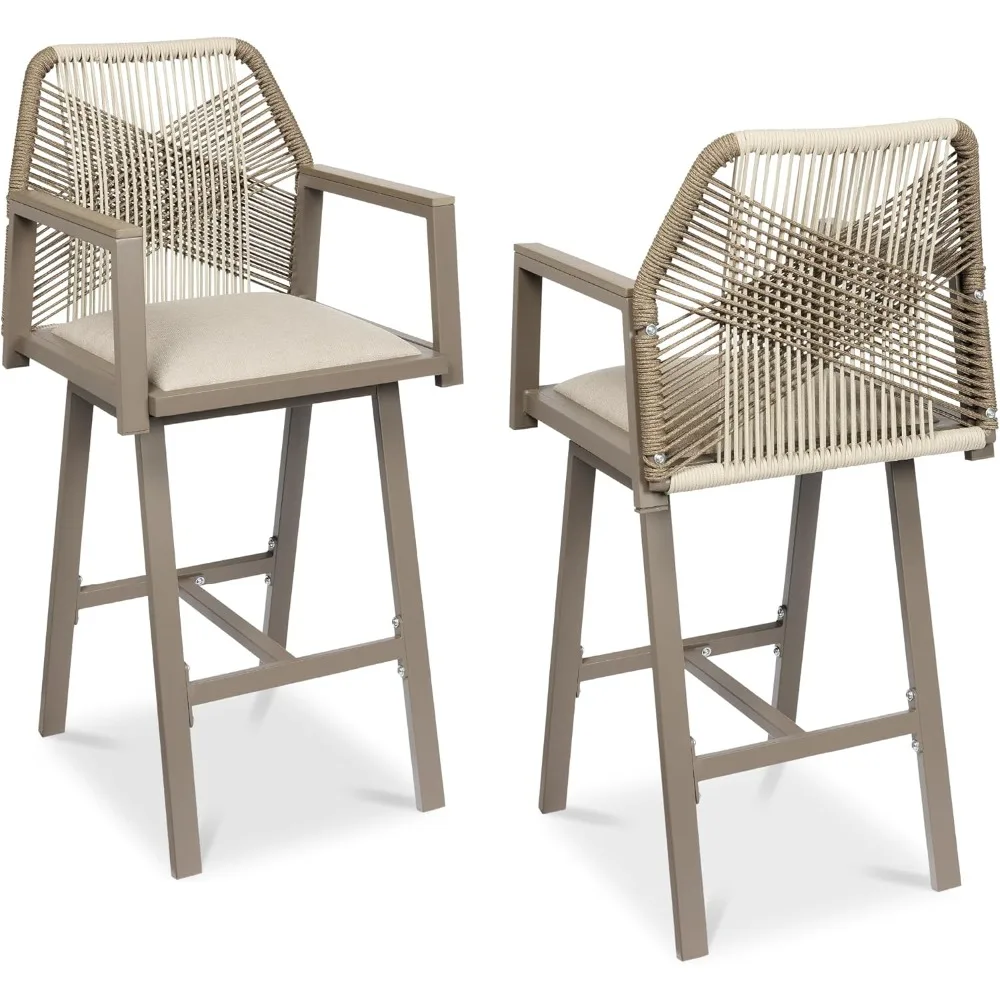 

Outdoor Bar Stools Set of 2, Bar Height, 360° Swivel Aluminum Frame, All-Weather Woven Rope Chair Design w/Armrests - Taupe/San