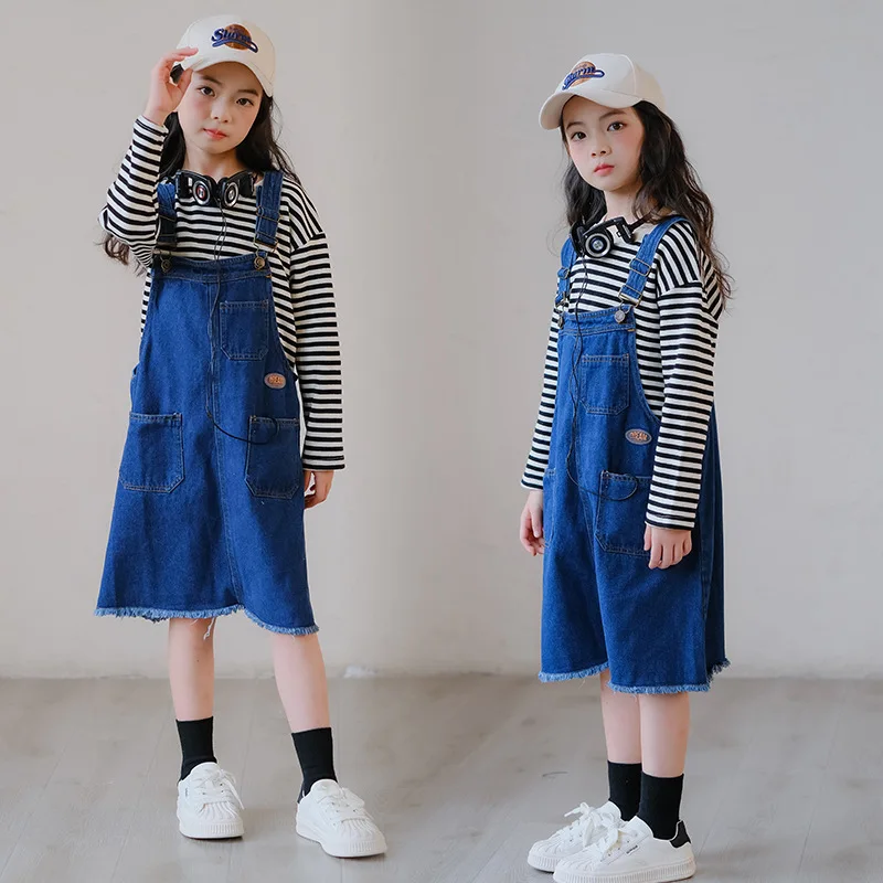 Korean Spring Autumn Junior Girl 2-Piece Sets Teenager Girl Striped Long Sleeve Top+Denim Suspender Skirt Set For Girls 4-12Yrs