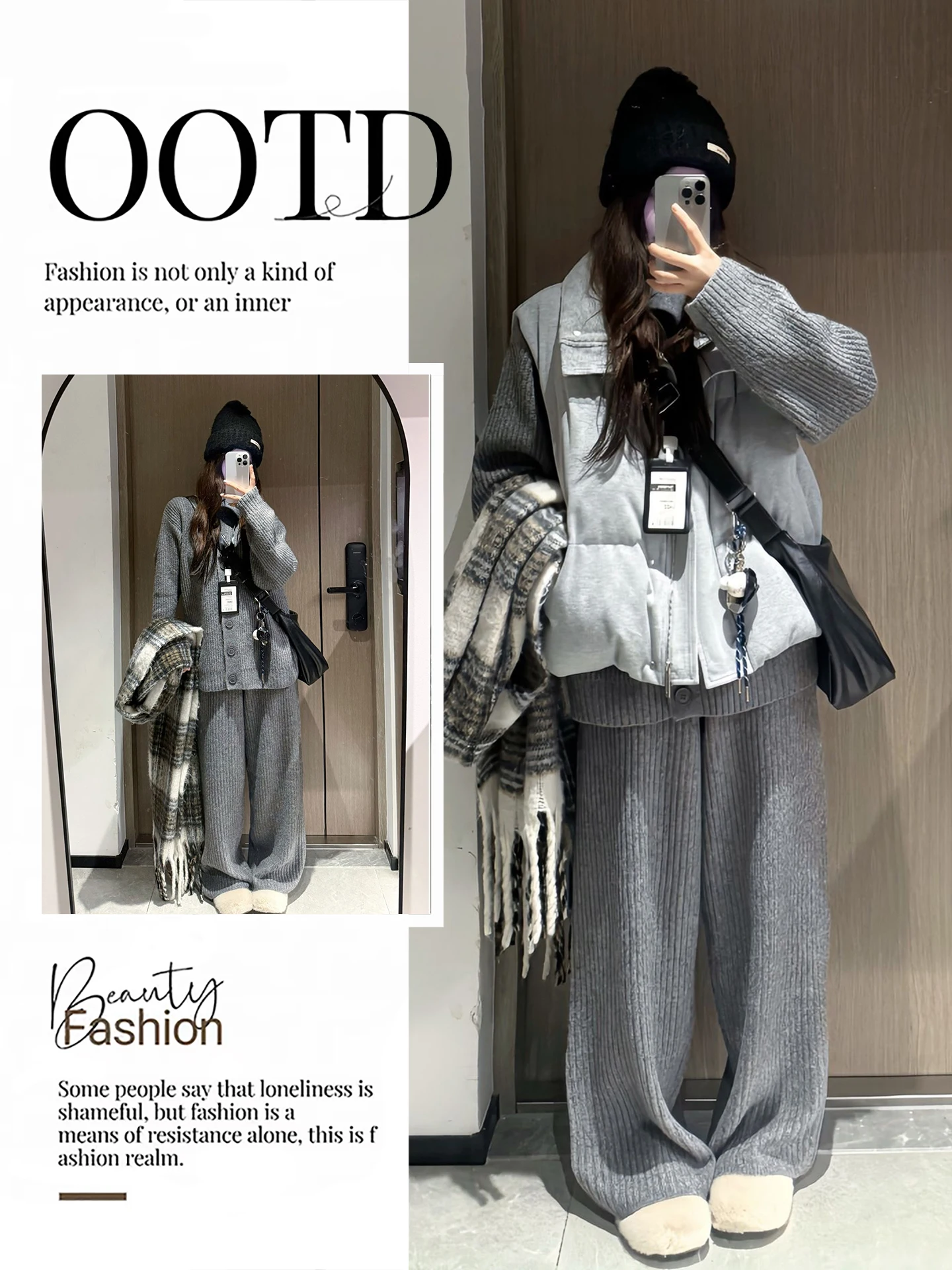 

ey Cotton Vest Jaet Knitted Wide Leg Pants Tee Piece Set Winter Faion Casual Sle Women's High Waist Thermal Wear