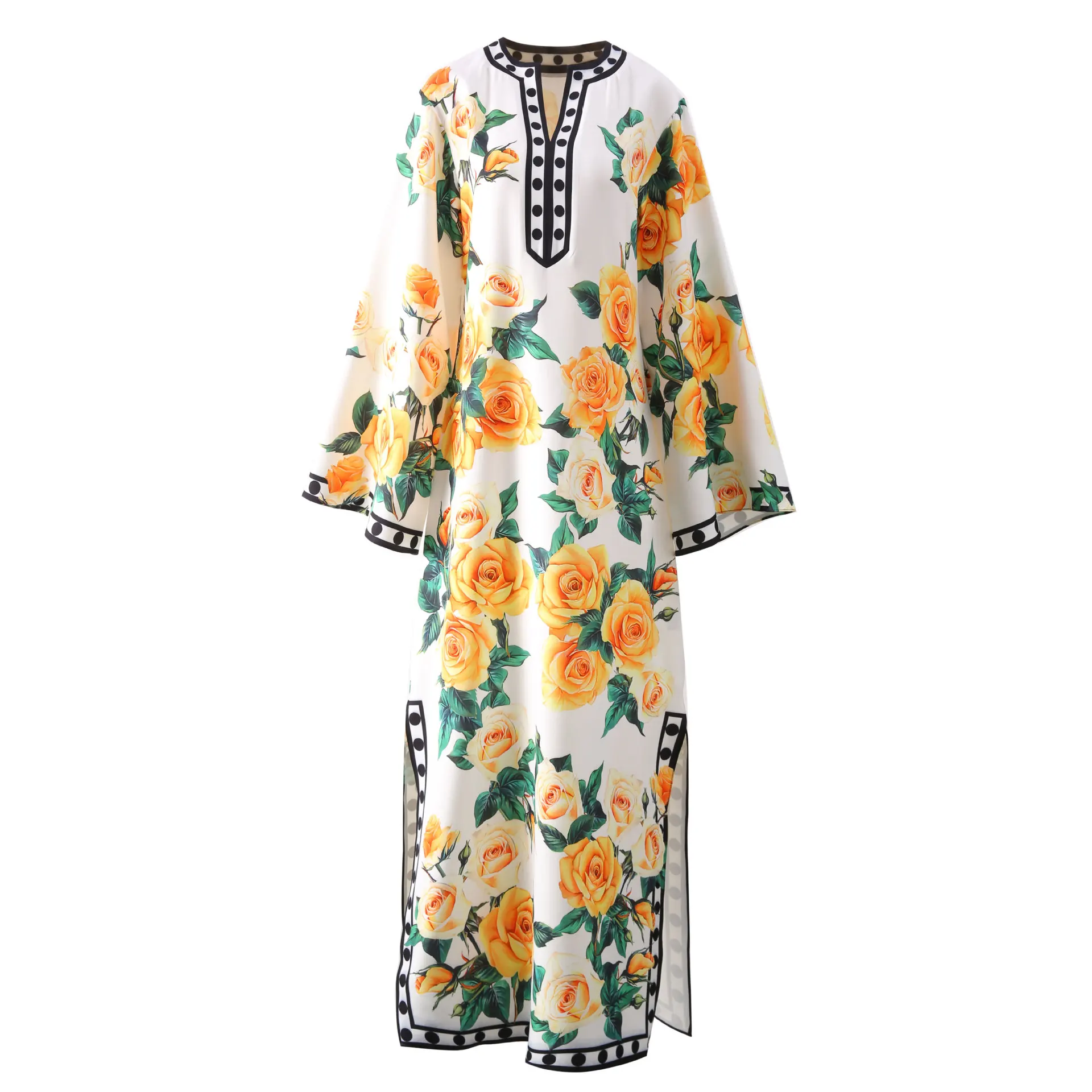 Luxury Designer Summer Women's Yellow Rose Printed Kaftan Size Plus HIGH QUALITY Long Maxi Dress Runway Fashion 2024