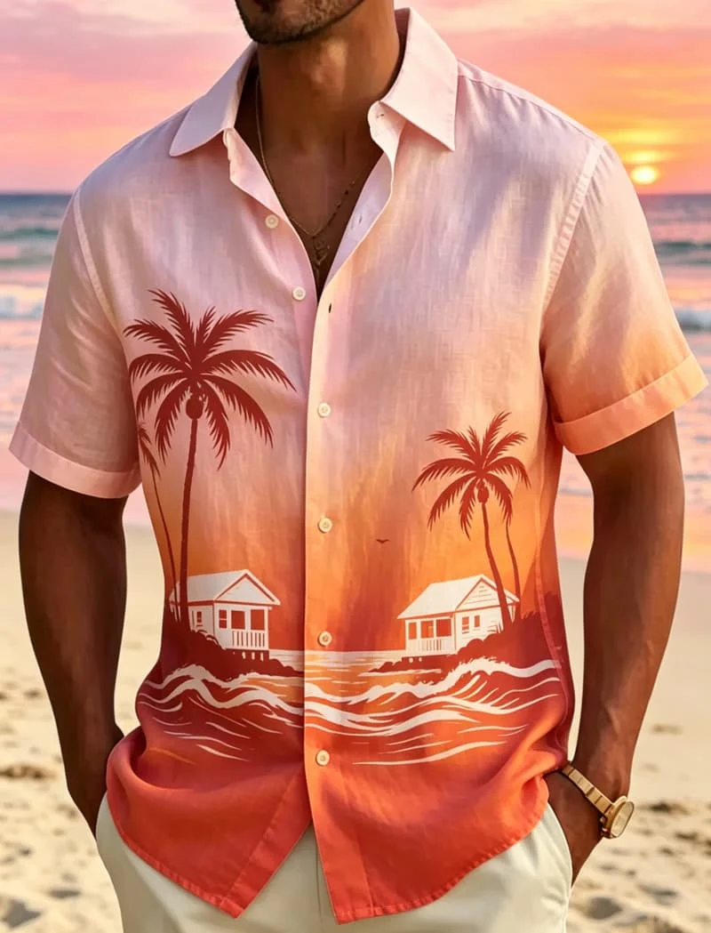 

Men's Classic Sunset Coconut Tree Print shirt, Casual Short Sleeved shirt, Breathable top, For Beach Vacations And Daily Outings