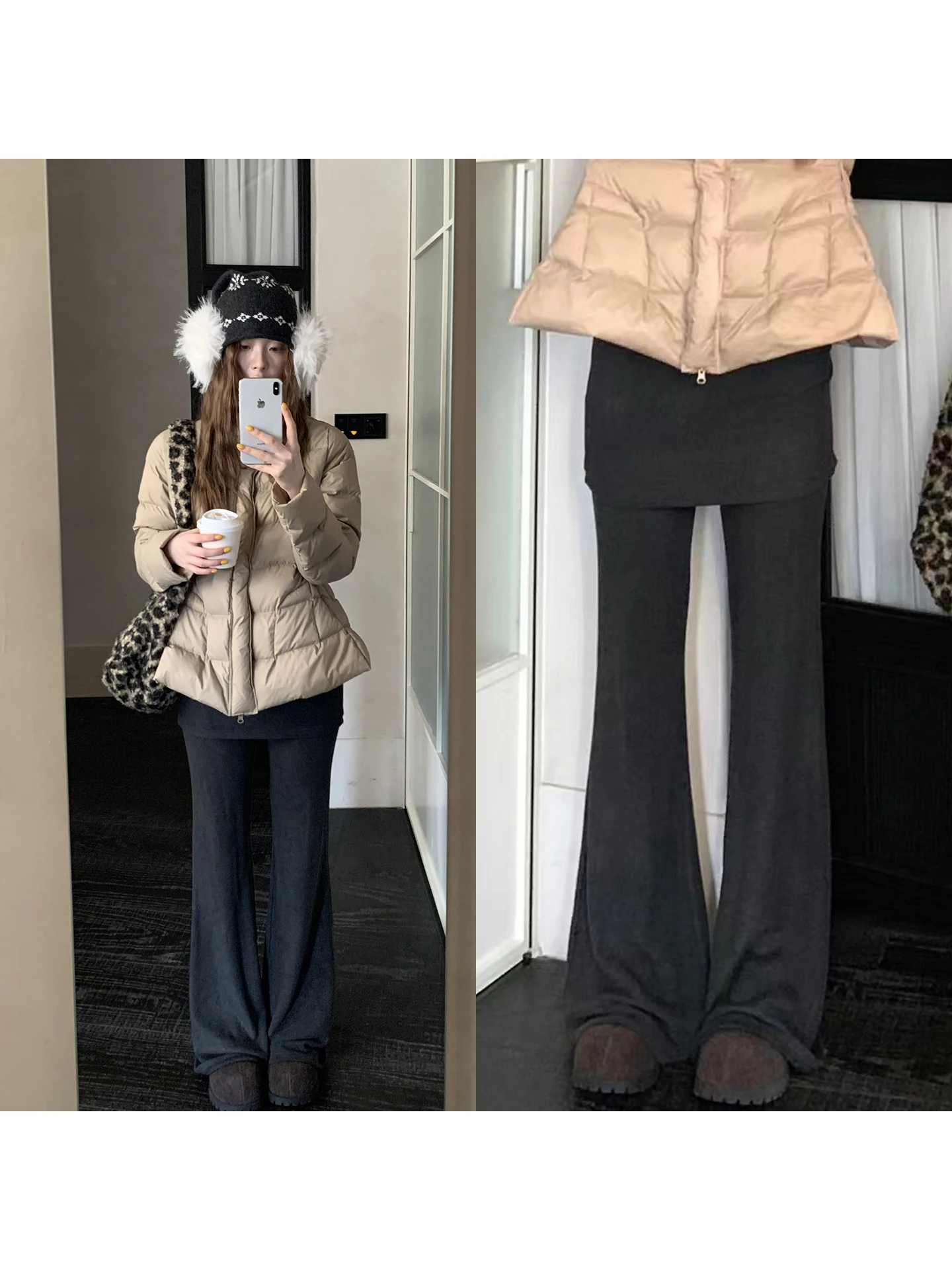 Calças Largas Cinza com Corte Flare para Mulheres, Calças Casuais de Cintura Baixa em Tecido Elástico, Confortáveis para Uso ...