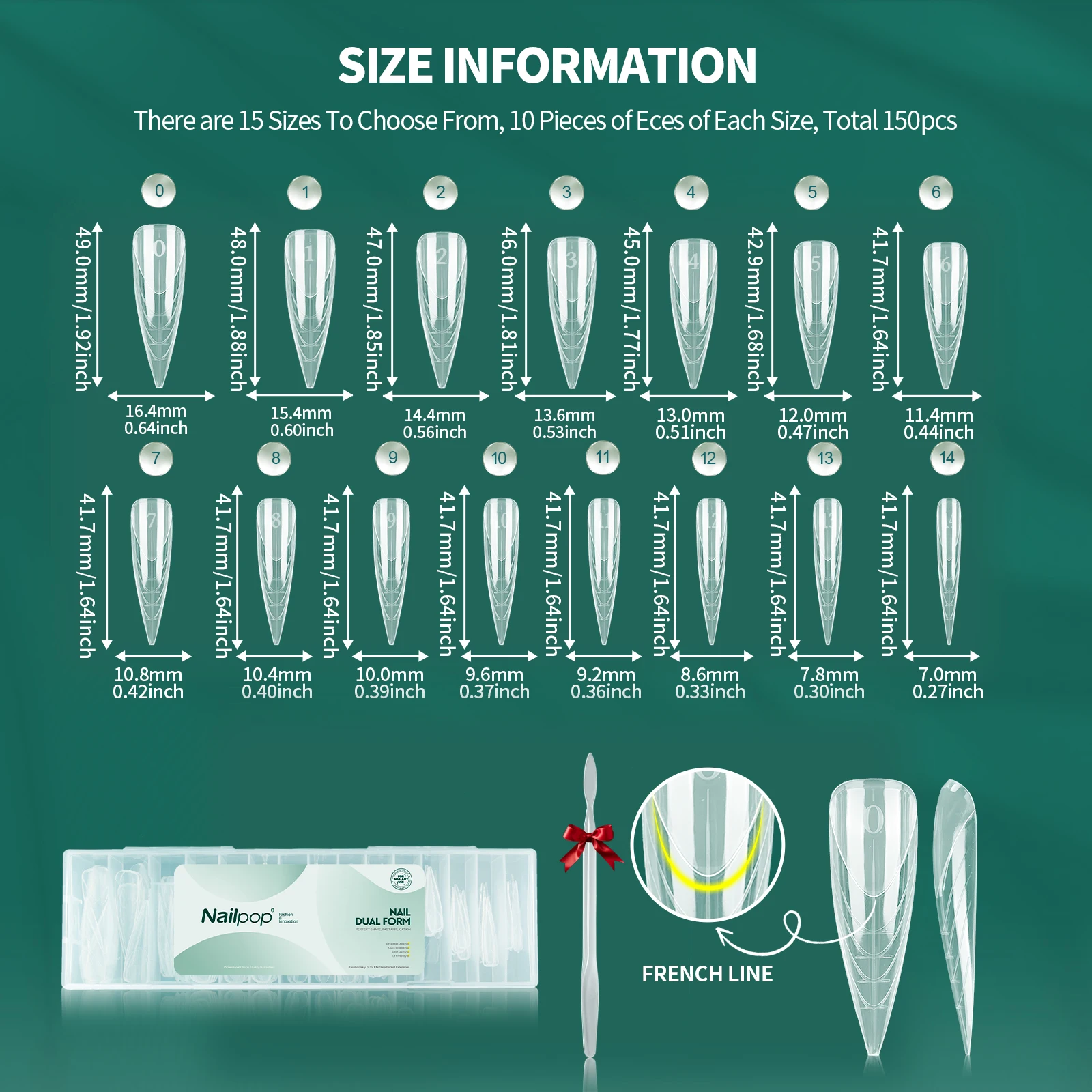 แม่พิมพ์เล็บปลอม Nailpop Insert Dual Shape Assassin แบบฝรั่งเศส 150 ชิ้น 15 ขนาด สำหรับต่อเล็บมือแบบมืออาชีพ ใช้กับอะคริลิกและเจล
