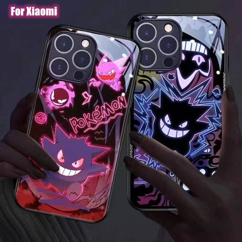 

Anime Gengar LED Flash Phone Case for Xiaomi Redmi Note 8 9 9S 10 11 12 13 14 Pro Plus 4G 5G Anti Fall Glass Luminous Back Cover