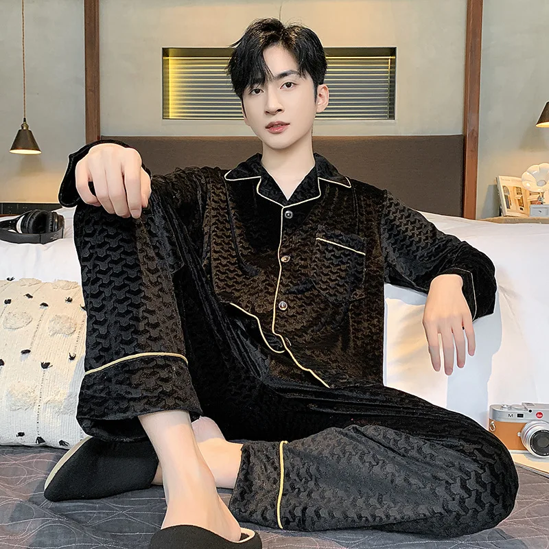 

Men's Pajama Set Autumn Winter Velvet Long Sleeved Shirt Pants Two-Piece Home Clothes Velour Warm Intimate Lingerie Sleepwear