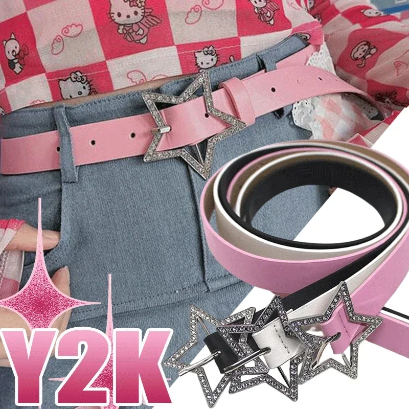 

Y2K PU Leather Belt Star Metal Buckle With Diamond Waistband Women Designer Fashion Belts for Jeans Decoration INS Waist Strap