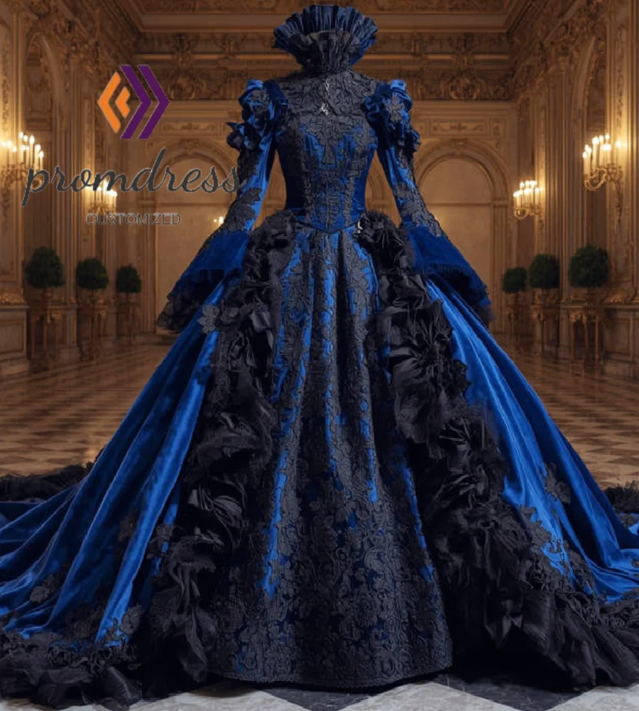 ヴィンテージブルーゴシックウェディングドレス衣装ビクトリア朝中世ブライダルガウン長袖ブラックレースケルトチューダー花嫁カスタマイズ