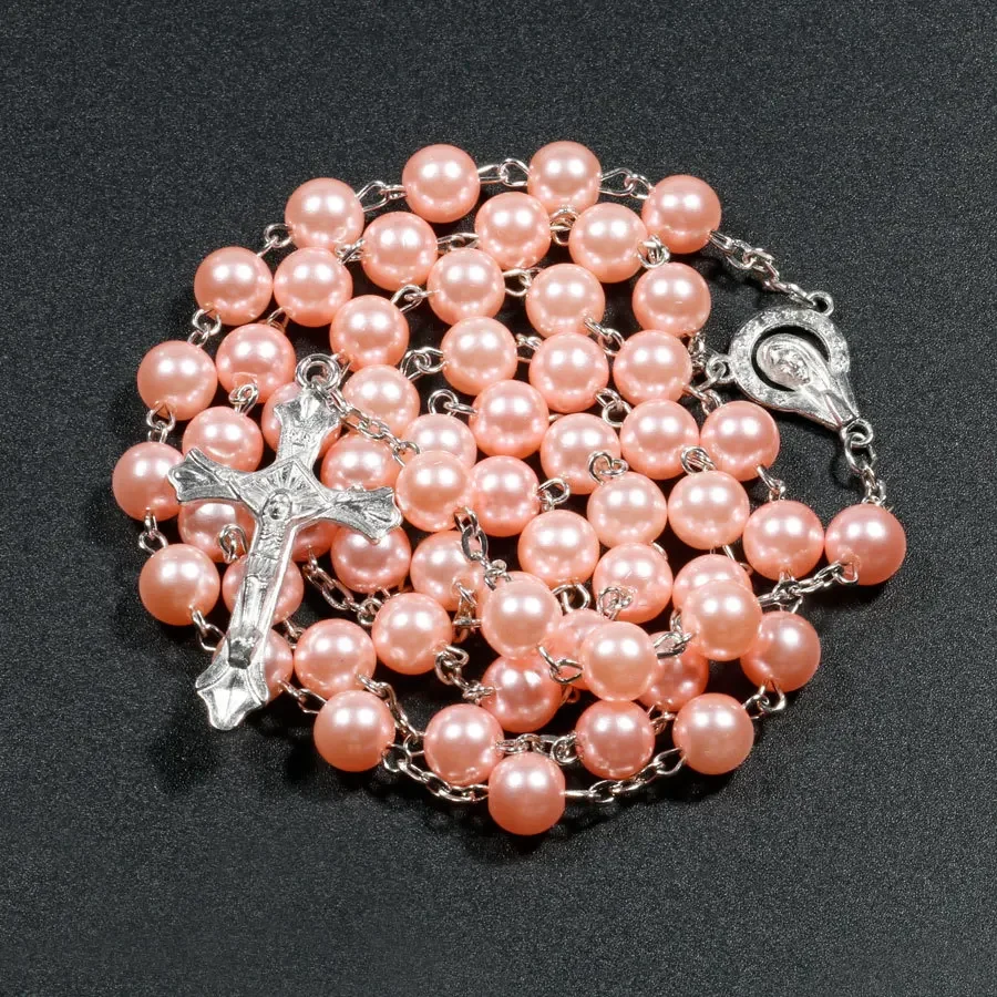 Religion Faux Pearl Rosary Necklace For Women Virgin Mary Jesus Cross Pendant Long Beads Chain Men Christian Fashion Jewelry