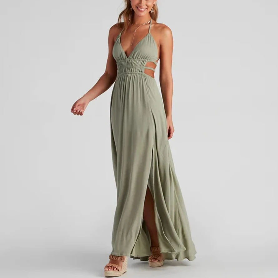 

Boho Beach Wear Sexy Deep V Neck Backless Maxi Dresses For Women Hollow out Casual Solid Sleeveless Strap Dress Summer Vestidos