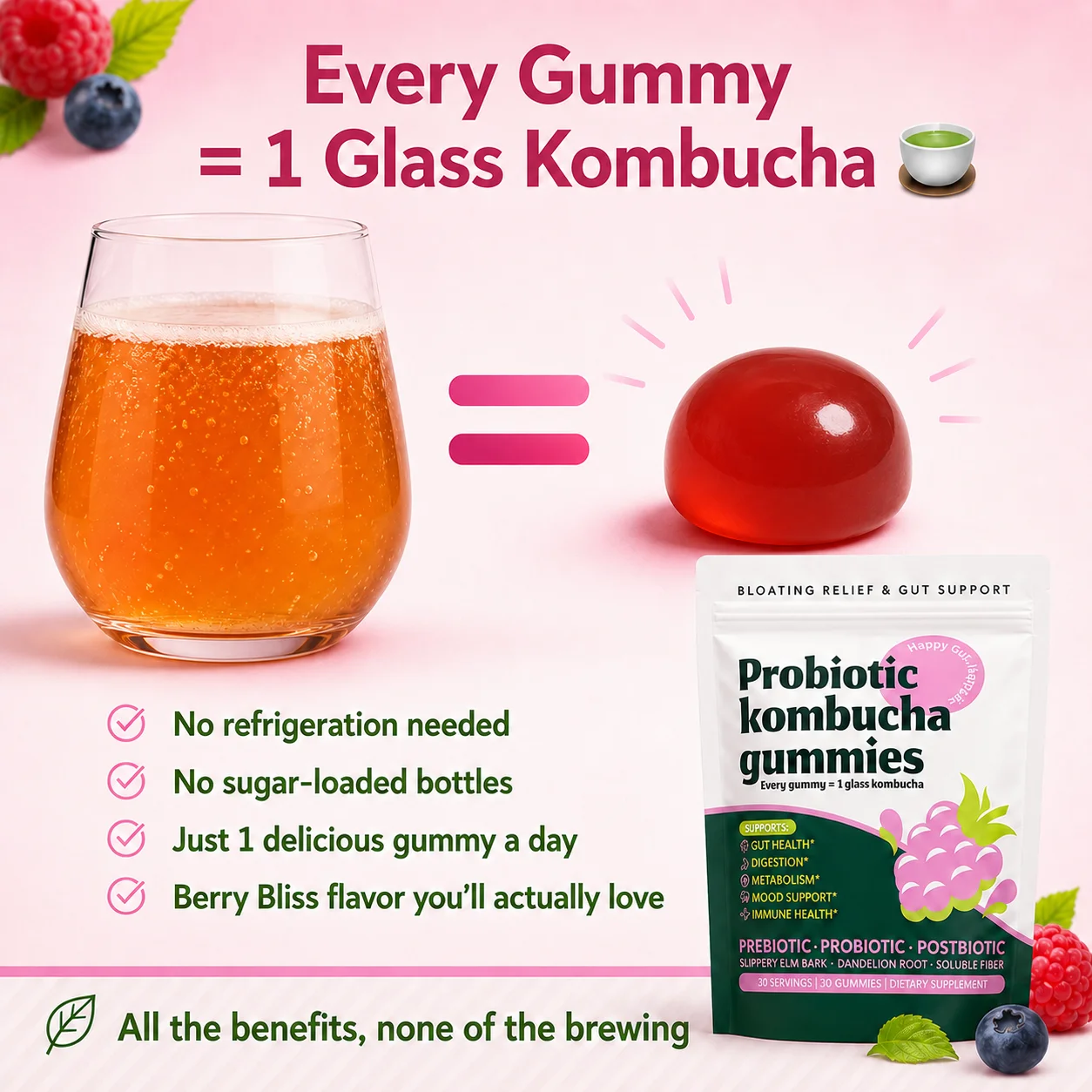 Probiotic Kombucha Gummies Every Gummy 1 Glass Kombucha Prebiotic Postbiotic Digestive Gut Health Vegan Berry Bliss 30 Gummies