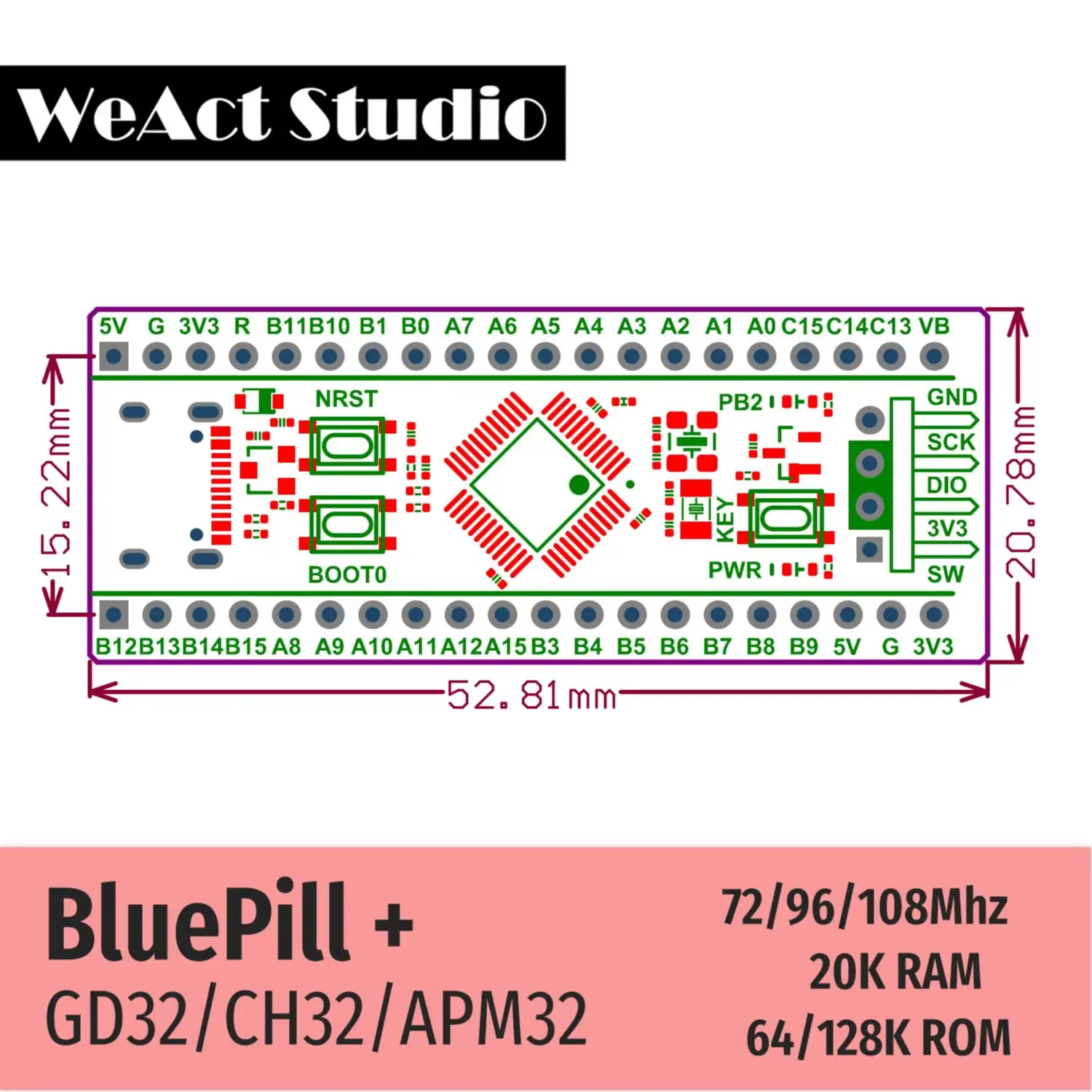 Плата обучения WeAct BlueBill Plus APM32F103CBT6 GD32F103CBT6 CH32F103C8T6 CH32V203C8T6, вместо STM32F103C8T6