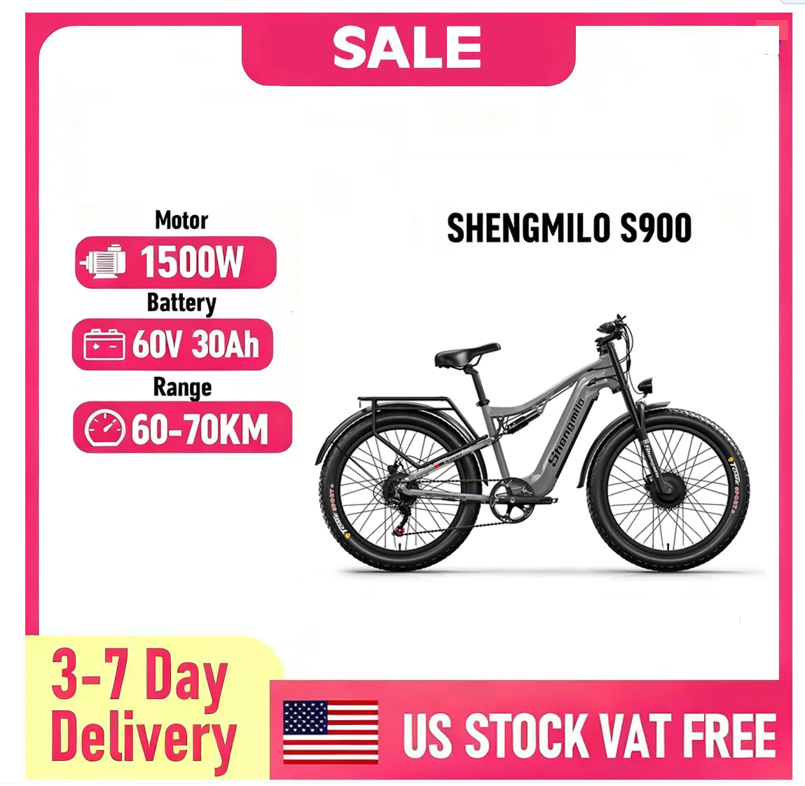 

SHENGMILO S900 20" All-Terrain Electric Bike 1500W Motor 60V 30Ah Battery