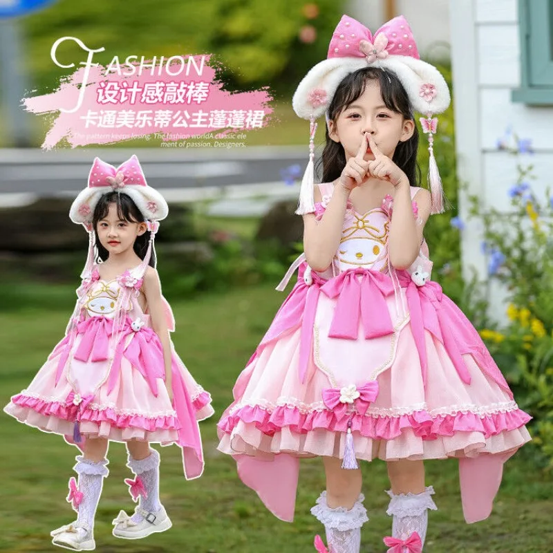 Kawaii Sanrio Cosplay My melody Lolita Princess Dress Summer Children's Clothing Dress Puffy Skirt Set Cute Girls Birthday Gift