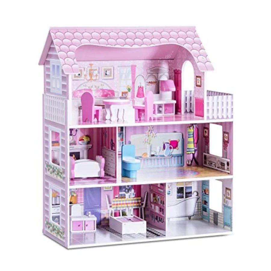 

Wooden Dollhouse for 3-Story Semi-Open Doll House with 5 Rooms 8 Pieces Furniture Accessories Balcony Preschool DIY Pretend Pla