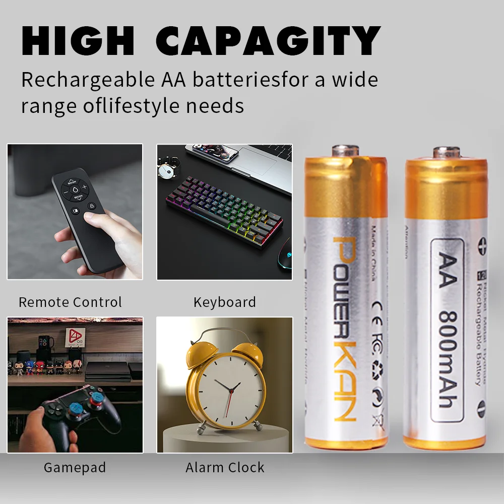 Powerkan AA 800mAh Rechargeable Ni-MH Battery 8pcs For Keyboard Remote Control Gamepad Clock Outdoor Accessories