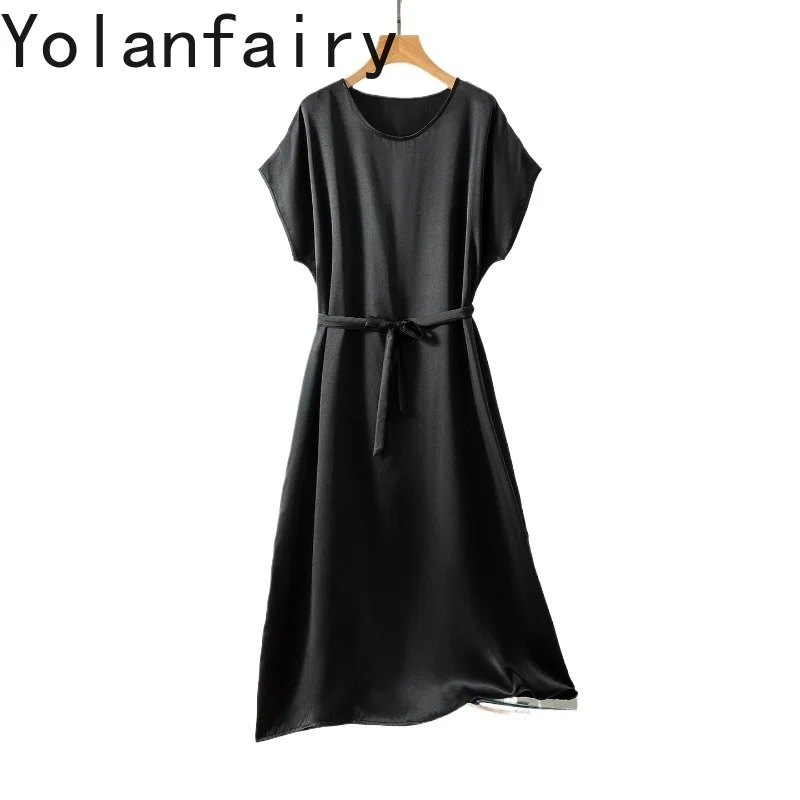 YOLANFAIRY 100% リアル桑シルクサマードレス 2025 スムーズなサテンシルクブラックドレス女性ラウンドネック半袖ドレスオフィス