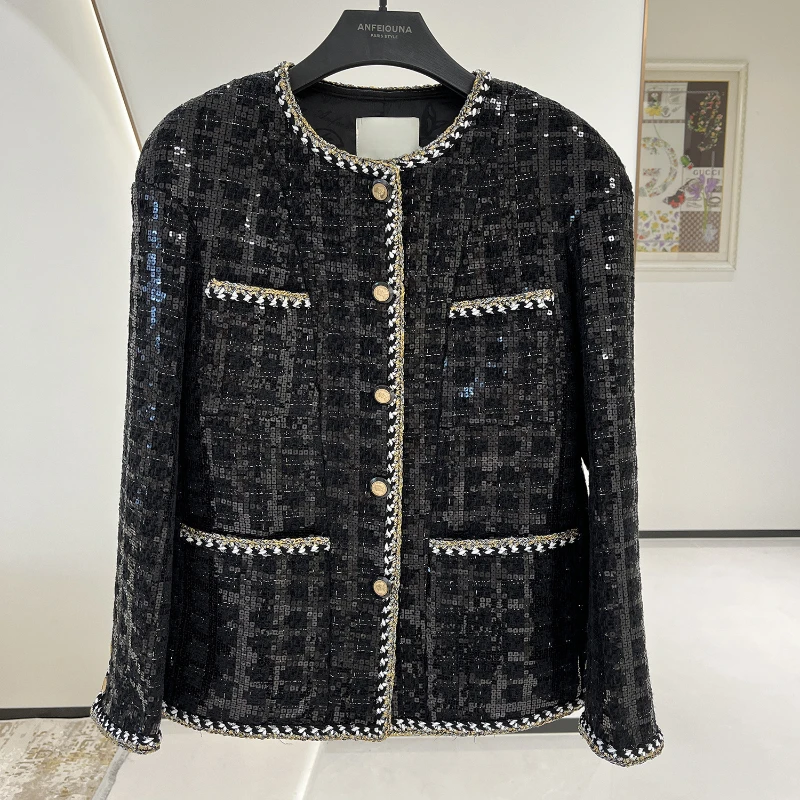 Luxury Sequins Jacket for Women, Runway Designer, Knitted Tweed, Black Plaid Coat, High Quality Outwear, Winter Clothes