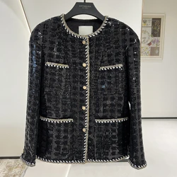 Chaqueta de lentejuelas de lujo para mujer, abrigo a cuadros negros de Tweed de punto de diseñador de pasarela, prendas de vestir de alta calidad, ropa de invierno