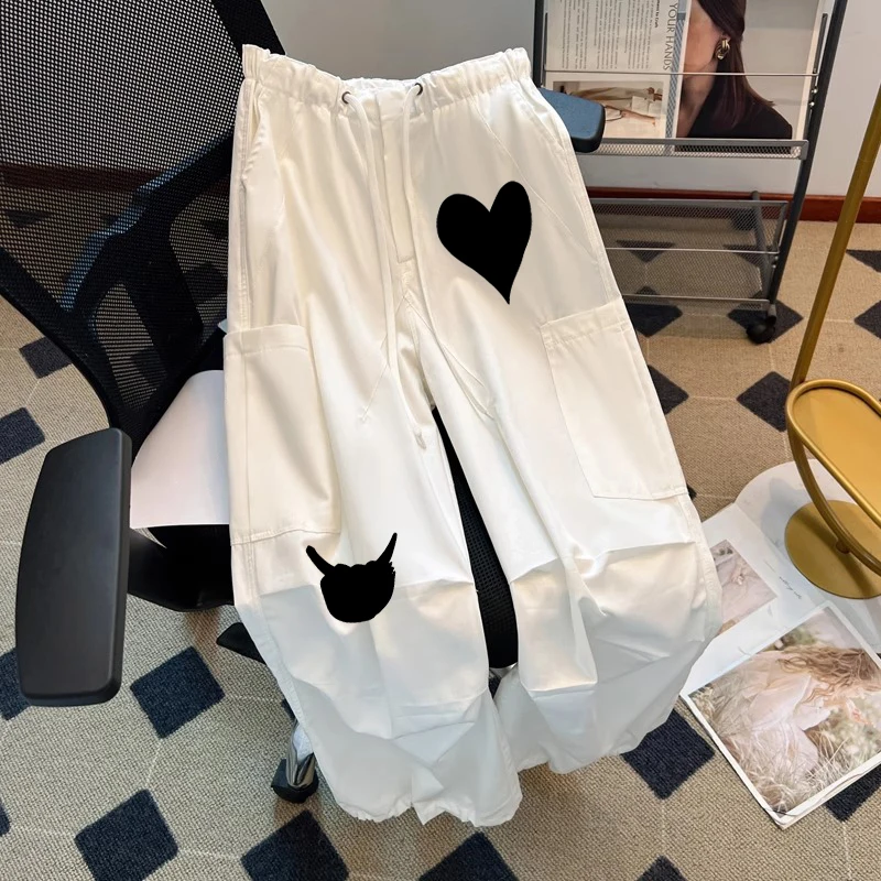 

Брюки прямого кроя с высокой талией, летние, свободные, повседневные, с креативным принтом, на шнурке