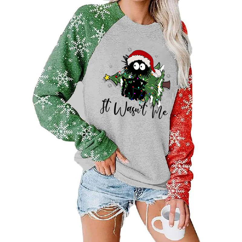 

Trendy Christmas Sweatshirts for Women It Wasn't Me Cat Merry Christmas Autumn Hoodie Christmas Tree Cat Print Snow Sweatshirt