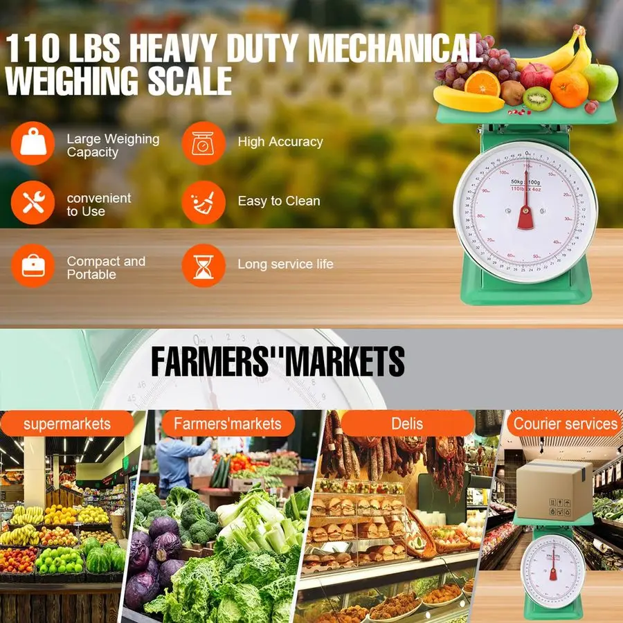 Waga kuchenna i spożywcza z mechanicznym mechanizmem, przemysłowa waga zegarowa z platformą ze stali nierdzewnej, udźwig 50 kg (110 funtów)