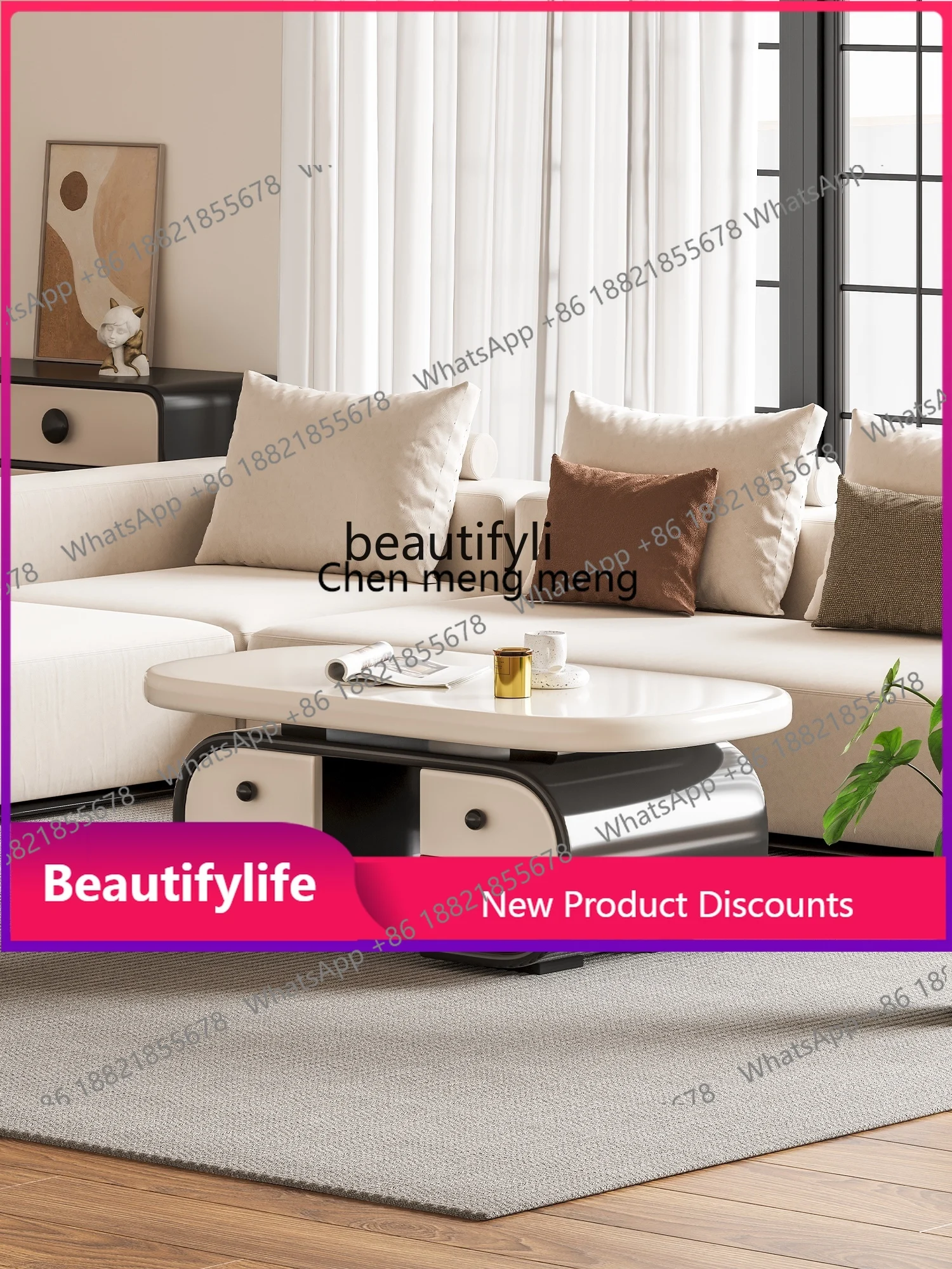 zS173z54Designer Color Matching Coffee Table Living Room Home Cream Wind Square round Light Luxury Storage Double-Sided Drawer T