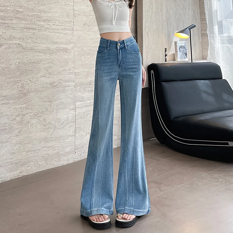 Temperament Hot Diamond Wide Legs Loose Slightly Pulled Jeans Women's 2026 Autumn Trendy Small Flash Diamond Trend Flared Pants