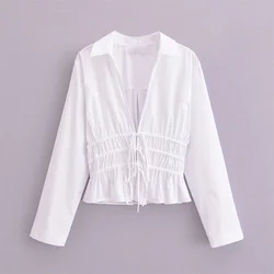 TRAF2024 Autumn New Women's Fashion Versatile Commuter V-neck Short White Waist Fold Collar Long Sleeve Shirt