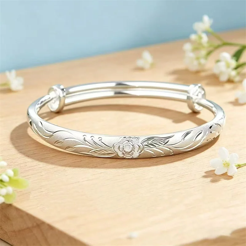 Retro Floral Peony 999 Sterling Silver Bangle Adjustable Size Women Bracelet High Polish Matte Silver Jewelry For Gift