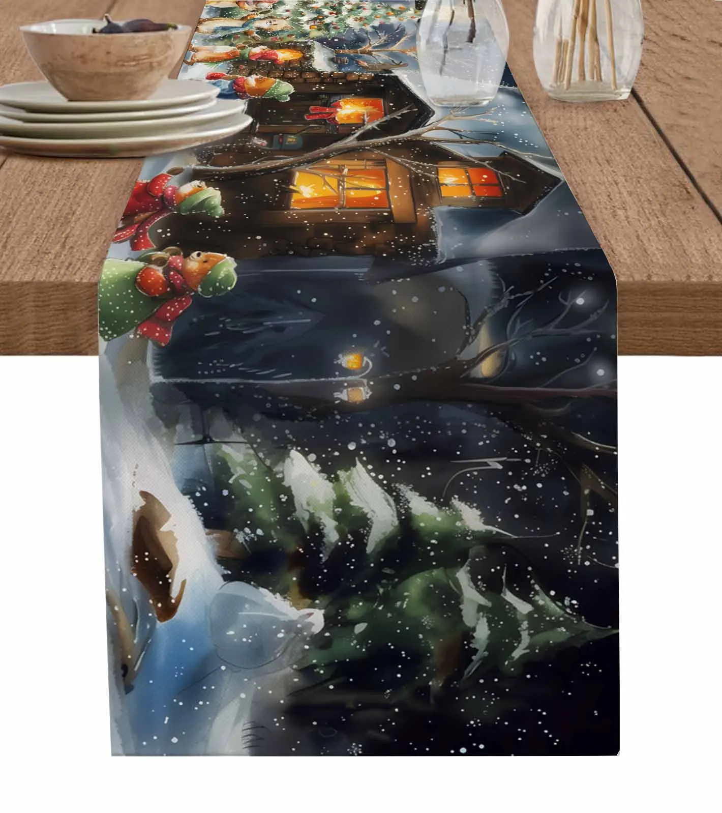 Christmas Tree Forest Moon Bonfire Animals Table Wedding Decor Table Cover Holiday Party Coffee Table Decoration Tablecloth