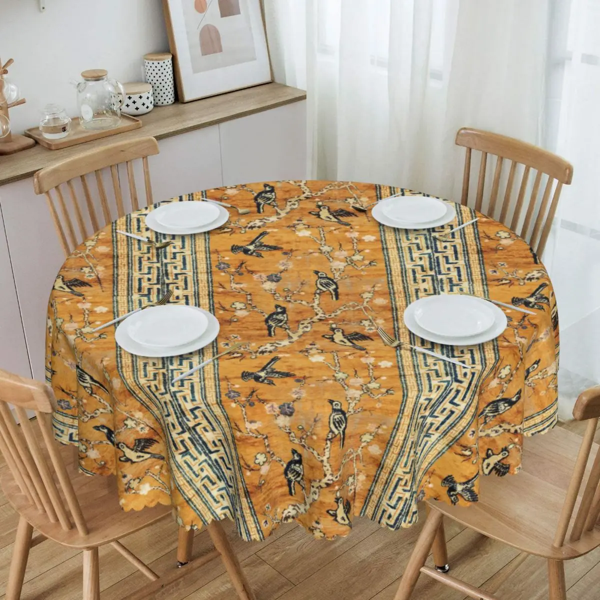 Antique Chinese Pictorial Birds Tree Rug Tablecloth Round Waterproof Bohemian Table Cover Cloth for Party 60 inches