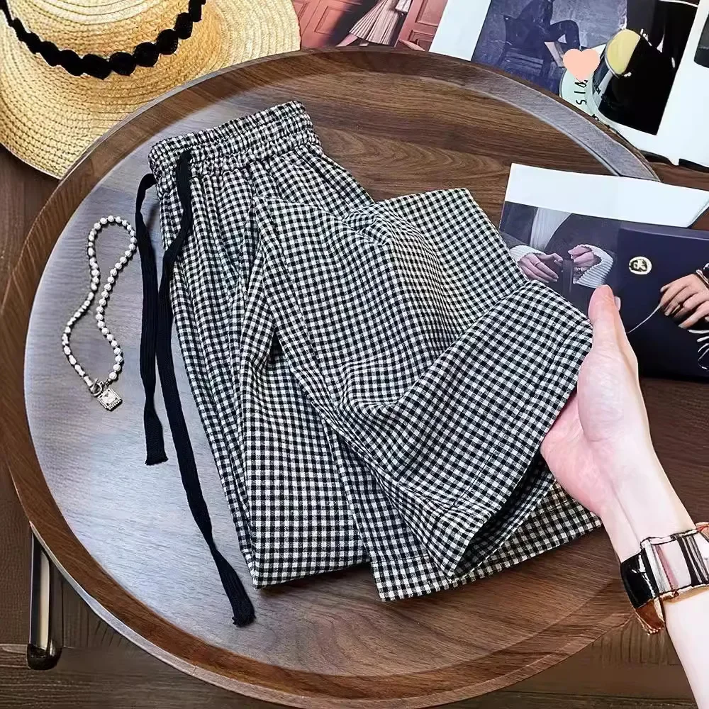 

Korean Chic Plaid Casual Pants Women Summer High Waist Retro All Match Wide Leg Pants Y2K Loose Drawstring Straight Trousers