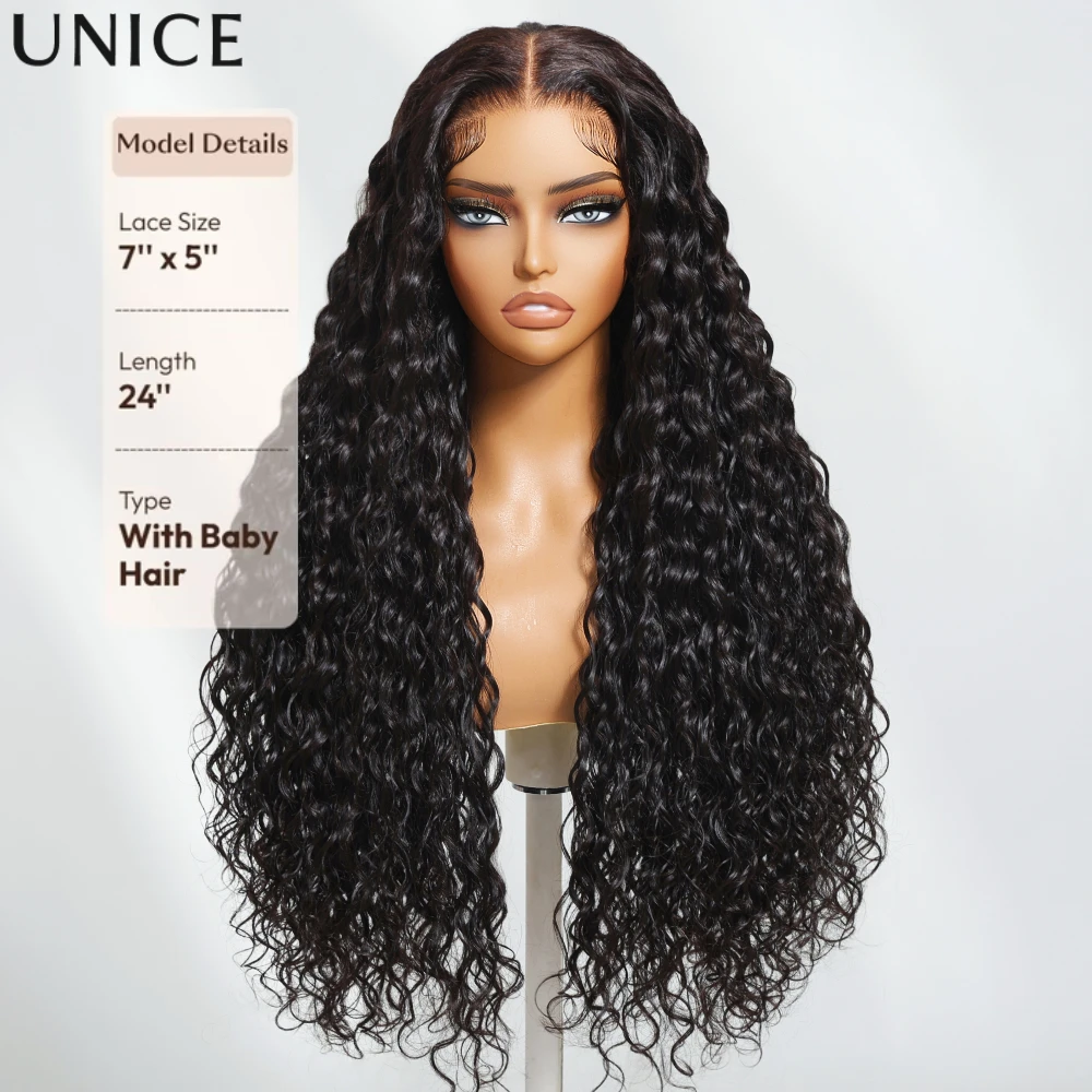 UNice No-Slip 7x5 Lace Water Wave Human Hair Wig With Baby Hair & Drawstring Pre Cut Pre Bleached Glueless Wig Ready To Wear Go