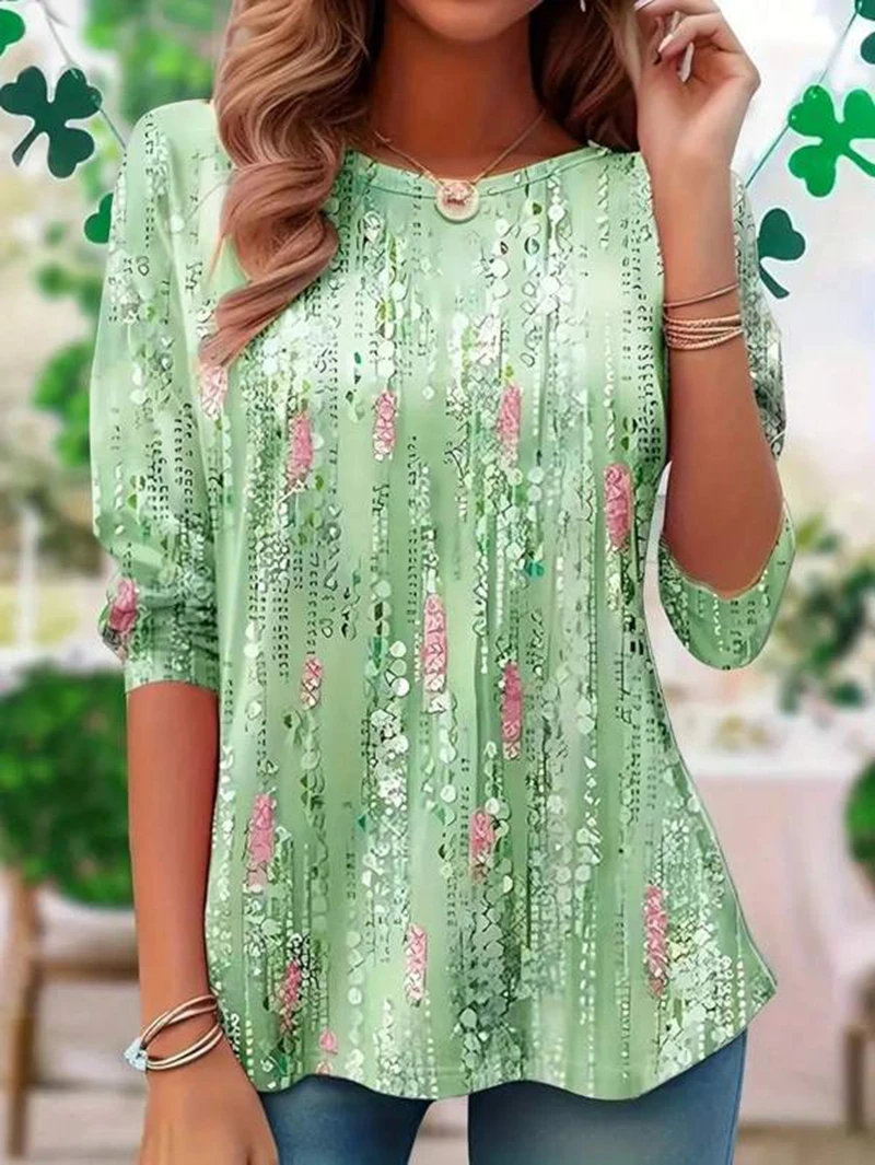 

Женская модная футболка больших размеров для весны и лета, повседневный топ с круглым вырезом и рукавом до локтя