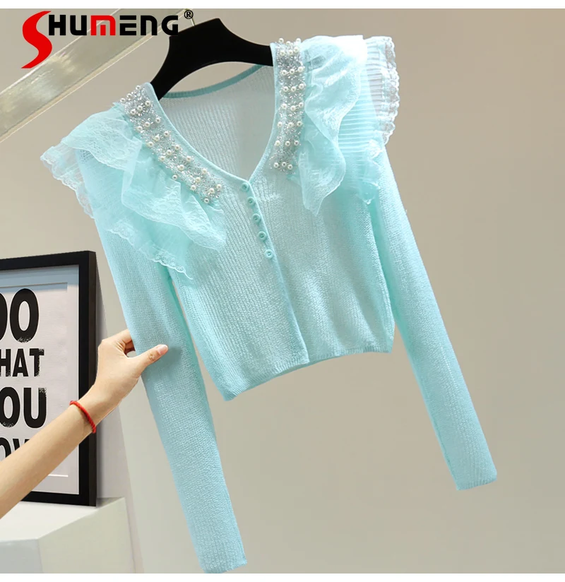 High Waist Short Knitwear Crop Top V-neck Lace Ruffled Long Sleeve Women's Knitted Sweater Beaded Sequins Knit Bottoming Shirt