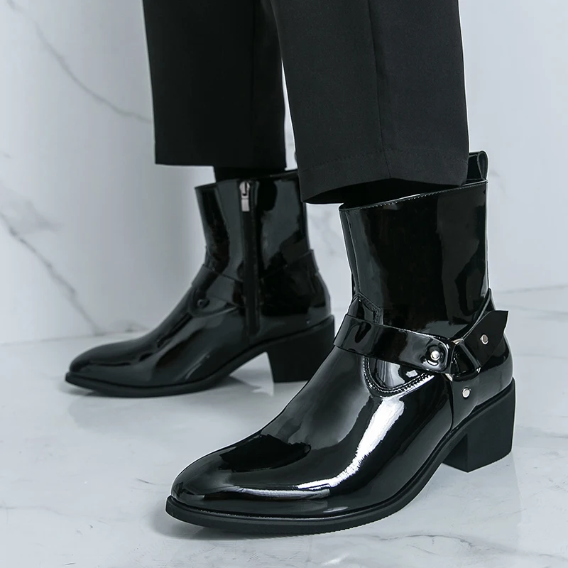 Autumn Brand High Heels Chelsea Men's Boots Pointed Bright Color Fashion Business Formal Wedding High Top Shoes Big Size 38-46